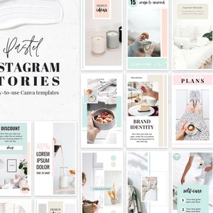 Può includere: Un set di 20 modelli di storie Instagram in colori pastello per Canva. I modelli presentano vari design con sovrapposizioni di testo, tra cui "Sconto", "45% Lorem Ipsum Dolor", "Identità del marchio", "Piani", "Cura di sé" e "I miei servizi".