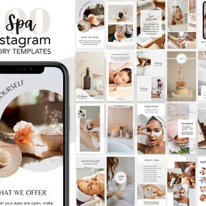 Może przedstawiać: Zbiór 100 szablonów historii na Instagramie dla spa. Szablony zawierają różne obrazy i teksty, w tym zdjęcia zabiegów spa, produktów i cytatów o relaksie. Szablony mają pomóc spa w promowaniu swoich usług i nawiązywaniu kontaktów z klientami w mediach społecznościowych.