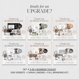 Puede incluir: Un paquete de marketing digital titulado Coaching Business Toolkit con seis variaciones de un conjunto 3 en 1 que incluye un sitio web Wix, un kit de marca y una p&aacute;gina de destino Canva. El texto dice Ready for an UPGRADE? y Get a 3-in-1 Business Toolkit.