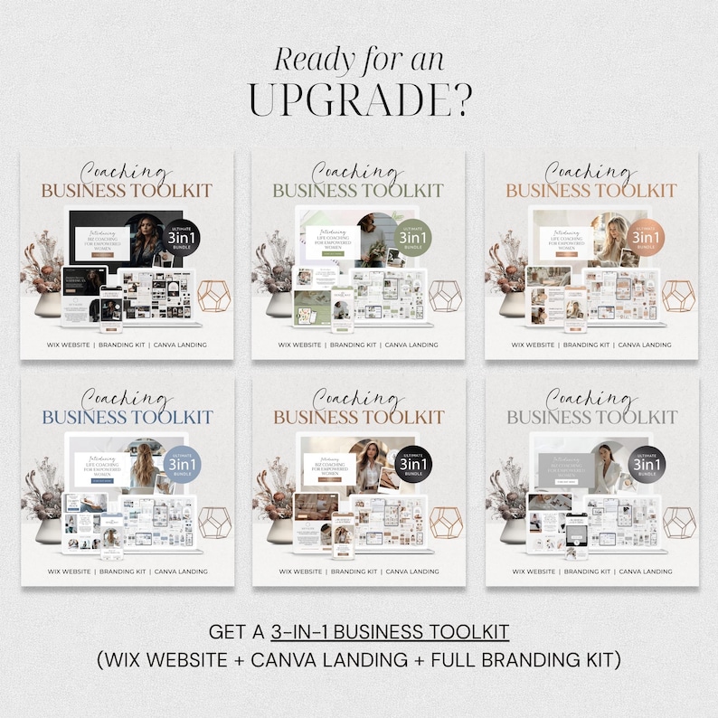 Puede incluir: Un paquete de marketing digital titulado Coaching Business Toolkit con seis variaciones de un conjunto 3 en 1 que incluye un sitio web Wix, un kit de marca y una p&aacute;gina de destino Canva. El texto dice Ready for an UPGRADE? y Get a 3-in-1 Business Toolkit.