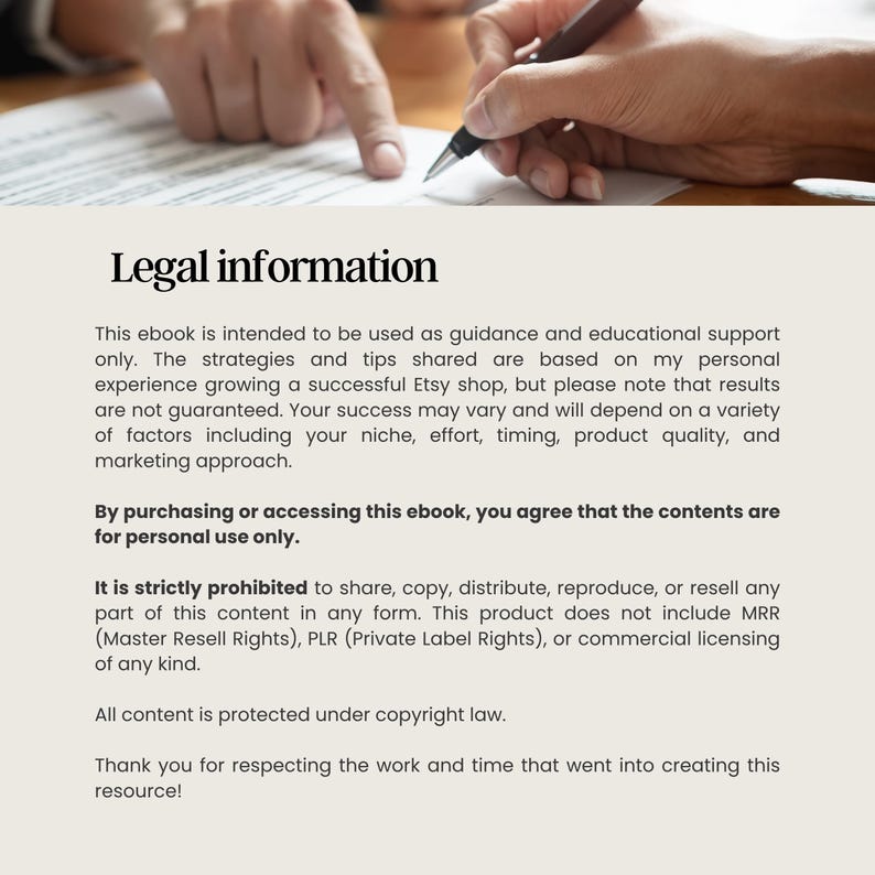 May include: Image of hands signing a document with a pen. The text "Legal information" is at the top, followed by details about an ebook's intended use, copyright, and restrictions. The document is for personal use only.