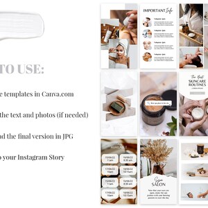 Puede incluir: Un conjunto de nueve plantillas de historias de Instagram para un spa o sal&oacute;n. Las plantillas presentan una gama de colores neutros con blanco, beige y marr&oacute;n. Las plantillas incluyen texto como "Informaci&oacute;n importante", "Las mejores rutinas de cuidado de la piel" y "Nuestros bestsellers".