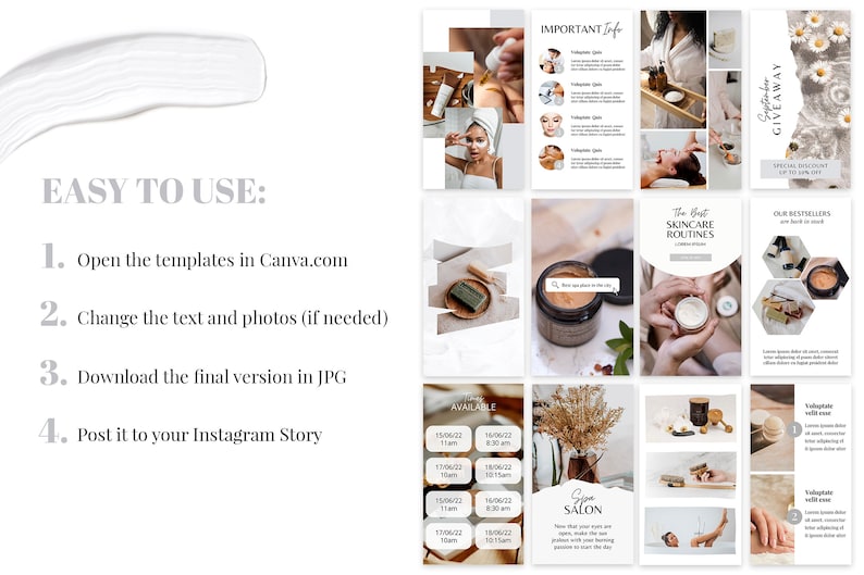 Puede incluir: Un conjunto de nueve plantillas de historias de Instagram para un spa o sal&oacute;n. Las plantillas presentan una gama de colores neutros con blanco, beige y marr&oacute;n. Las plantillas incluyen texto como "Informaci&oacute;n importante", "Las mejores rutinas de cuidado de la piel" y "Nuestros bestsellers".