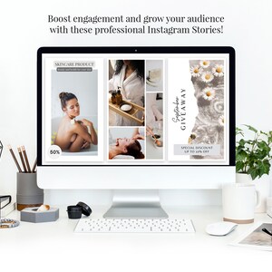 Puede incluir: Una pantalla de ordenador que muestra tres plantillas de historias de Instagram para una marca de cuidado de la piel. La primera plantilla presenta a una mujer en una ba&ntilde;era con el texto "50%". La segunda plantilla presenta un collage de im&aacute;genes relacionadas con el cuidado de la piel. La tercera plantilla presenta un dise&ntilde;o floral con el texto "Sorteo de septiembre" y "Descuento especial hasta el 15% de descuento".