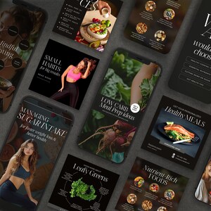 Puede incluir: Un collage de imágenes que promueven hábitos alimenticios saludables. Las imágenes presentan varios alimentos, incluyendo verduras de hoja verde, remolachas, salmón y nueces. El texto en las imágenes incluye frases como "Gestionar la ingesta de azúcar", "Ideas de preparación de comidas bajas en carbohidratos" y "Alimentos ricos en nutrientes".