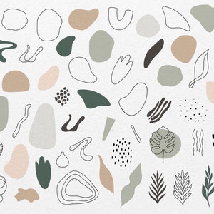Puede incluir: Una colecci&oacute;n de formas abstractas y dibujos de l&iacute;neas en tonos de verde, marr&oacute;n y beige. Las formas son org&aacute;nicas y fluidas, y las l&iacute;neas son simples y elegantes. Este conjunto de ilustraciones ser&iacute;a perfecto para usar en dise&ntilde;os digitales o impresos.