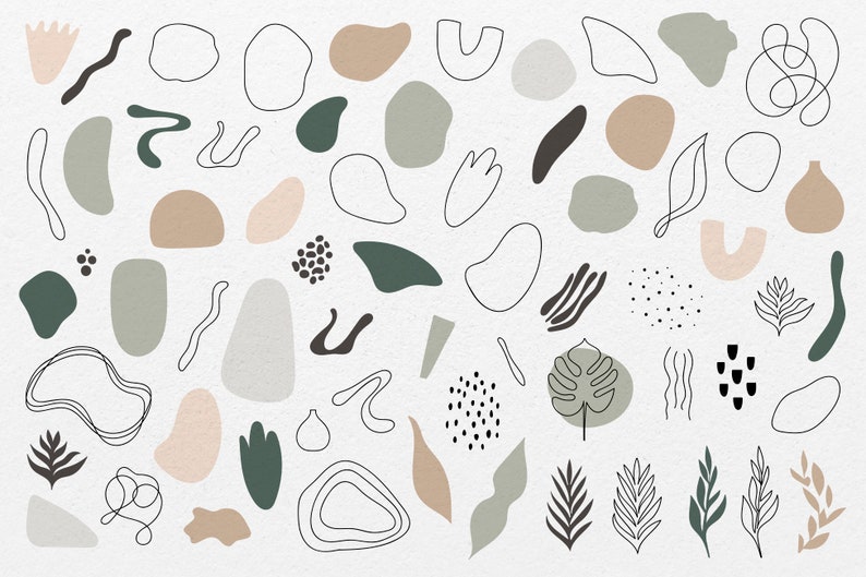 Puede incluir: Una colecci&oacute;n de formas abstractas y dibujos de l&iacute;neas en tonos de verde, marr&oacute;n y beige. Las formas son org&aacute;nicas y fluidas, y las l&iacute;neas son simples y elegantes. Este conjunto de ilustraciones ser&iacute;a perfecto para usar en dise&ntilde;os digitales o impresos.