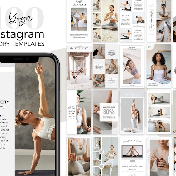 100 Yoga Instagram Story templates, Canva instagram stories, yoga social media, yoga instructor, teacher, coach, studio, meditation, ig