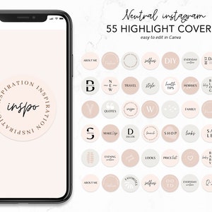 55 portadas destacadas de instagram neutras / iconos destacados de instagram neutras / instagram destacadas neutras para Canva / portadas destacadas de texto