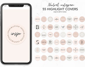 55 Neutral instagram highlight covers | Neutral instagram highlight icons | Neutral instagram highlights for Canva | text highlight covers