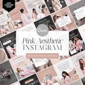 May include: A collection of pink and beige Instagram post templates with the text "Pink Aesthetic INSTAGRAM" and "Instagram Posts & Carousels." The templates feature images of women, text overlays, and design elements for content creation.