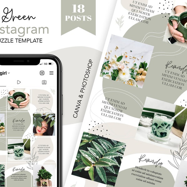 Instagram puzzel feed sjabloon / Canva instagram puzzel feed sjabloon / groene instagram puzzel / Instagram puzzel voor Photoshop en Canva