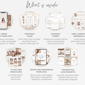 May include: A collage of images showcasing different digital templates for business owners. The templates include Canva video templates, printable signs, business forms, email signatures and webinar slides, flyers and brochures, ebook and workbook templates, and prewritten lead magnets.