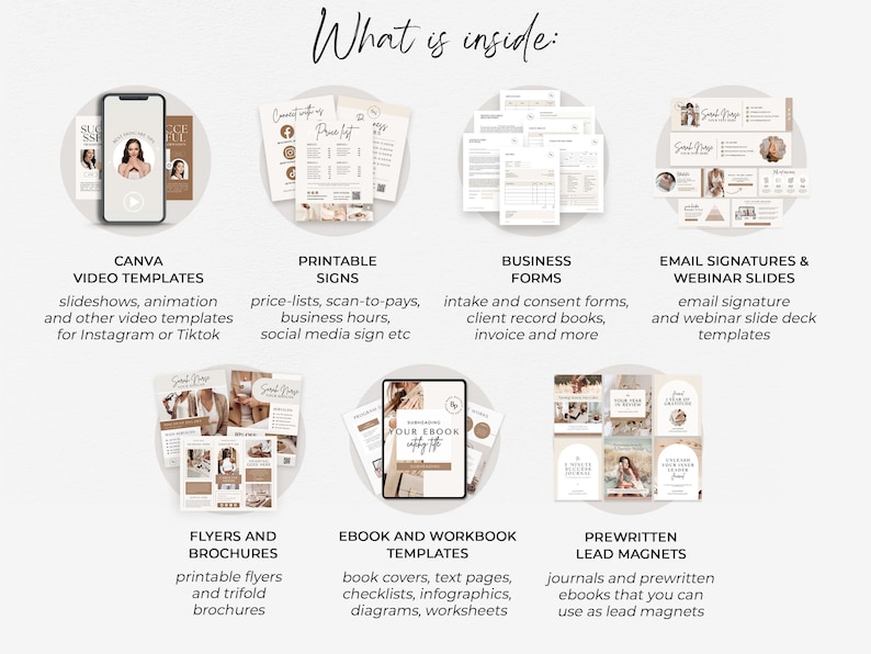 May include: A collage of images showcasing different digital templates for business owners. The templates include Canva video templates, printable signs, business forms, email signatures and webinar slides, flyers and brochures, ebook and workbook templates, and prewritten lead magnets.