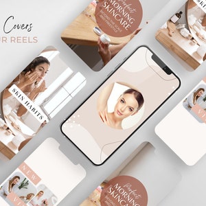 May include: A collection of phone screen mockups with different designs for social media. The designs feature a woman applying skincare products, a woman with a glowing complexion, and a collage of photos with the text "New Video". The text "Skin Habits" and "Perfect Morning Skincare" is also featured on the mockups.