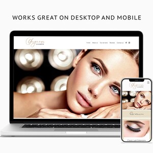 May include: A website for a lash extension business called "Eye-conic Lashes" is shown on a laptop and a mobile phone. The website features a photo of a woman with long eyelashes and a menu with links to "Home", "About Us", "Gallery", "Reviews", and "Contact".