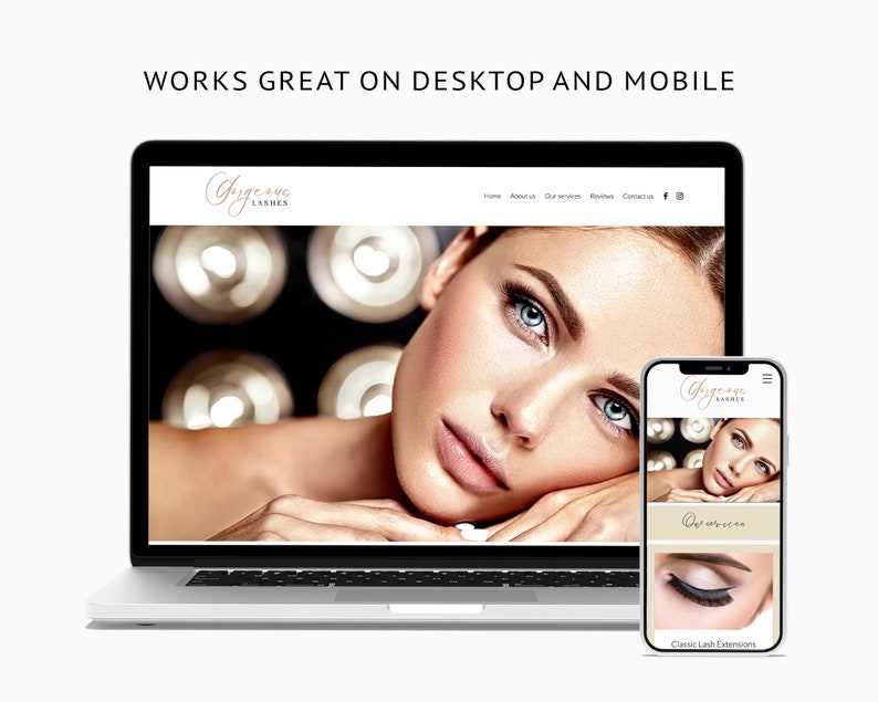 May include: A website for a lash extension business called "Eye-conic Lashes" is shown on a laptop and a mobile phone. The website features a photo of a woman with long eyelashes and a menu with links to "Home", "About Us", "Gallery", "Reviews", and "Contact".