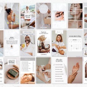 Puede incluir: Una colecci&oacute;n de plantillas de historias de Instagram para un sal&oacute;n de belleza o spa. Las plantillas presentan im&aacute;genes de tratamientos de spa, productos y superposiciones de texto. Algunos de los textos incluyen "Oferta especial", "Rese&ntilde;as", "Lista de precios", "Sorteo de septiembre" y "Fechas disponibles".