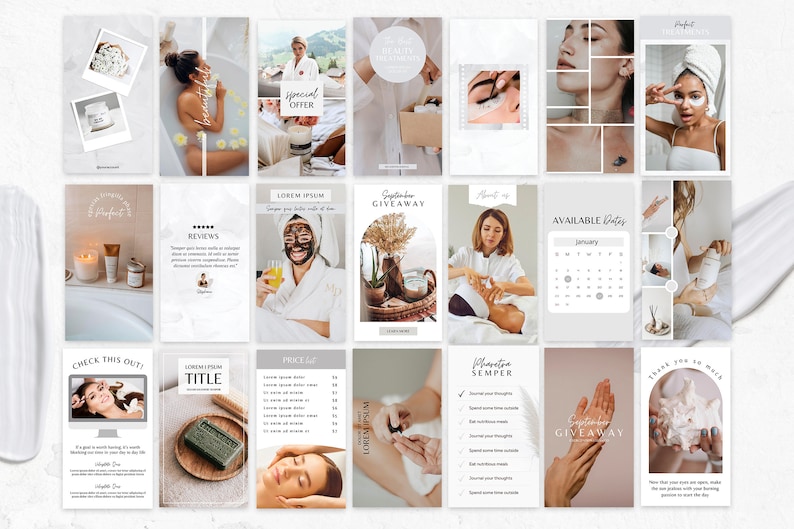 Puede incluir: Una colecci&oacute;n de plantillas de historias de Instagram para un sal&oacute;n de belleza o spa. Las plantillas presentan im&aacute;genes de tratamientos de spa, productos y superposiciones de texto. Algunos de los textos incluyen "Oferta especial", "Rese&ntilde;as", "Lista de precios", "Sorteo de septiembre" y "Fechas disponibles".