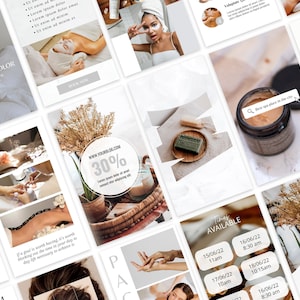 Puede incluir: Una colecci&oacute;n de gr&aacute;ficos para redes sociales para un spa o sal&oacute;n. Los gr&aacute;ficos presentan im&aacute;genes de tratamientos de spa, productos y texto sobre los servicios y ofertas especiales del spa. Los gr&aacute;ficos est&aacute;n dise&ntilde;ados en un estilo minimalista con una paleta de colores neutros.