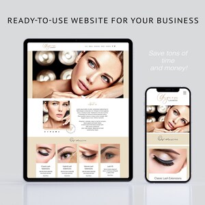 May include: A website mockup for a lash extension business called "Pygmalion Lashes". The website features a photo of a woman with long eyelashes and a description of the services offered. The website is designed to be easy to use and navigate, and it includes a call to action to book an appointment.