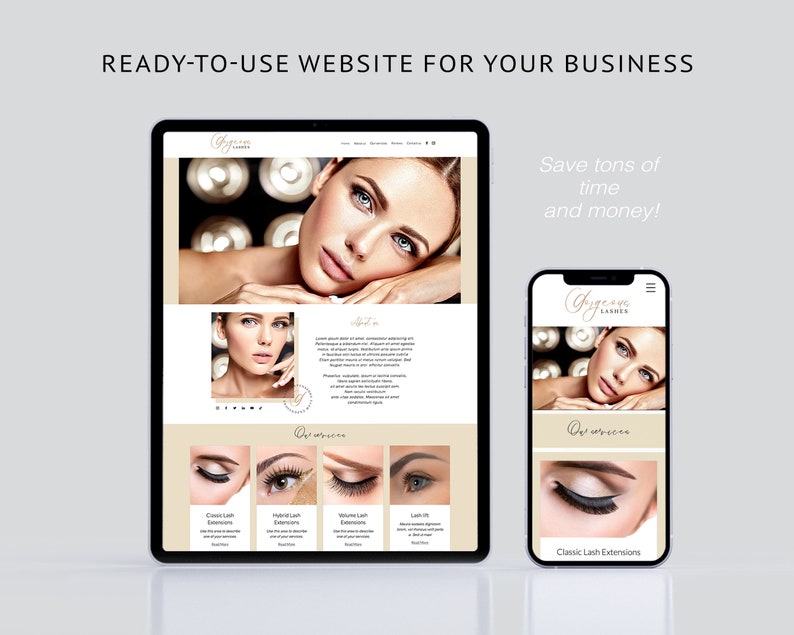 May include: A website mockup for a lash extension business called "Pygmalion Lashes". The website features a photo of a woman with long eyelashes and a description of the services offered. The website is designed to be easy to use and navigate, and it includes a call to action to book an appointment.
