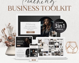 Peut inclure: Graphique de marketing numérique avec le texte "Coaching Business Toolkit". L'image présente un ordinateur portable, une tablette et un smartphone affichant des maquettes de site Web et de kit de marque. Le texte "Introducing Biz Coaching for Empowered Women" est également visible.