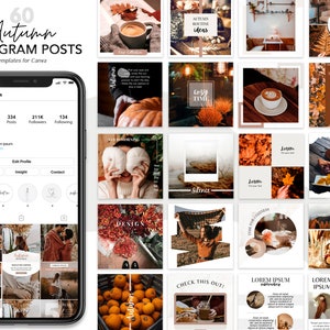 Op de afbeelding: Een verzameling van 60 Instagram-posttemplates voor Canva met herfstthema's. De templates bevatten afbeeldingen van pompoenen, bladeren, koffie en knusse scènes. De tekst "60 Autumn Instagram Posts" wordt bovenaan de afbeelding weergegeven.