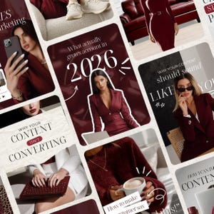 May include: A collage of images with a burgundy color scheme. The images include a woman in a burgundy suit, a woman holding a phone, and text that reads "What actually grows account in 2026" and "Why your content isn't converting."