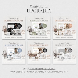 May include: Six square graphics promoting a 3-in-1 business toolkit. Each graphic features the text "Coaching Business Toolkit" and "3in1". The toolkit includes a Wix website, Canva landing page, and full branding kit. The text "Ready for an UPGRADE?" is at the top.