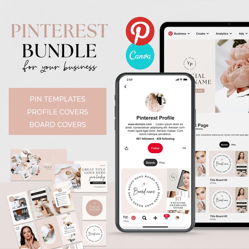 May include: A pink and white digital marketing template for Pinterest. The template includes a profile cover, board covers, and pin templates. The template features a floral design and the text "Pinterest Bundle for your business".