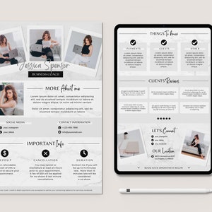 May include: A white and gray marble background with a business coach's contact information. The text includes the coach's name, "Jessica Spensor", and the title "Business Coach". The contact information includes social media links, a phone number, and an email address. The text also includes information about deposits, cancellations, and duration of appointments.