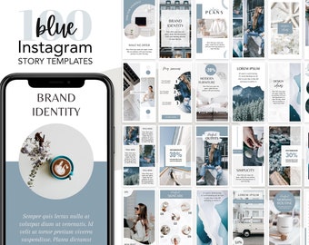 May include: A collection of 100 blue Instagram story templates with a variety of designs and text overlays. The templates feature a minimalist aesthetic with a focus on blue and white colors. The text includes phrases like "Brand Identity", "Perfect Outfits", "Modern Furniture", and "Morning Routine".