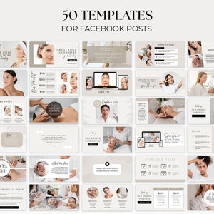 K&ouml;nnte beinhalten: Eine Sammlung von 50 Vorlagen f&uuml;r Facebook-Posts, die f&uuml;r ein Beauty- oder Spa-Unternehmen konzipiert wurden. Die Vorlagen enthalten eine Vielzahl von Bildern, Texten und Grafiken, darunter Bilder von Personen, die Gesichtsbehandlungen, Hautpflegeprodukte und Spa-Behandlungen erhalten. Die Vorlagen sind in einem minimalistischen Stil mit einer neutralen Farbpalette gestaltet.