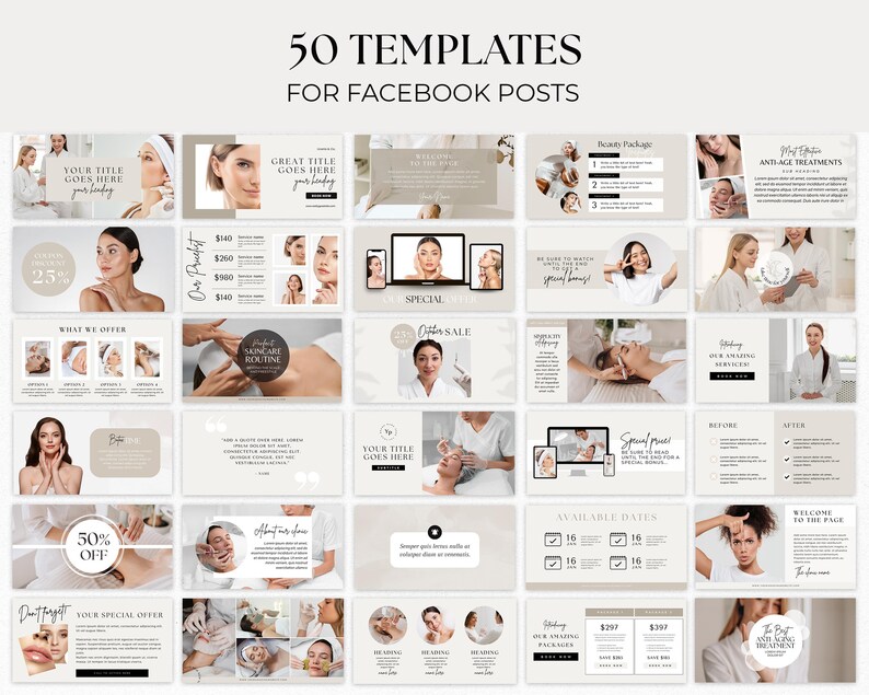 K&ouml;nnte beinhalten: Eine Sammlung von 50 Vorlagen f&uuml;r Facebook-Posts, die f&uuml;r ein Beauty- oder Spa-Unternehmen konzipiert wurden. Die Vorlagen enthalten eine Vielzahl von Bildern, Texten und Grafiken, darunter Bilder von Personen, die Gesichtsbehandlungen, Hautpflegeprodukte und Spa-Behandlungen erhalten. Die Vorlagen sind in einem minimalistischen Stil mit einer neutralen Farbpalette gestaltet.