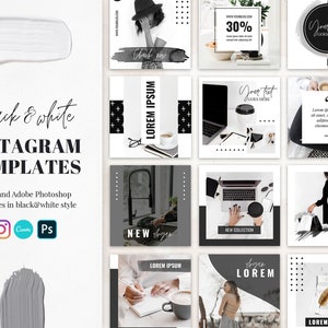 Canva Instagram Templates in Black and White. Editable Canva templates. Instagram Templates for Photoshop. Canva social media banners