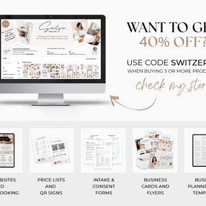 May include: A computer screen displaying a website with a 40% off discount code for buying 3 or more products. The website offers digital templates for Wix websites, price lists, intake and consent forms, business cards and flyers, and business planners. The text on the screen reads "Want to get 40% off? Use code Switzer40 when buying 3 or more products. Check my store."