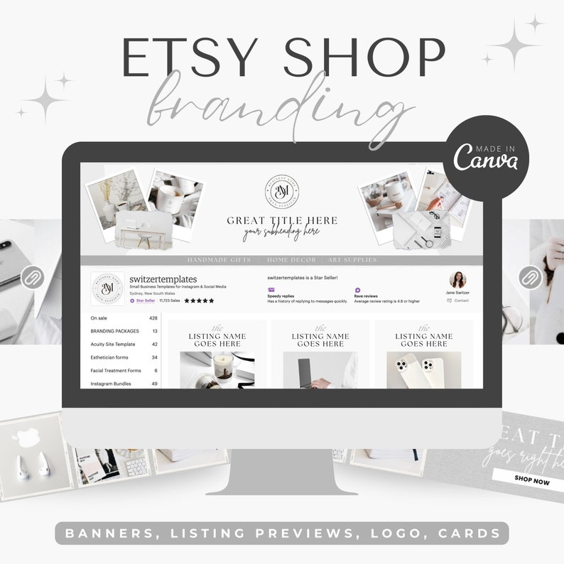 Peut inclure: Une maquette d'&eacute;cran d'ordinateur montrant un site Web pour une boutique Etsy. Le site Web pr&eacute;sente un sch&eacute;ma de couleurs gris et blanc avec un logo stylis&eacute; "SM". Le site Web a une banni&egrave;re qui dit "GREAT TITLE HERE your subheading here". Le site Web a &eacute;galement une section pour les aper&ccedil;us de la liste, qui sont affich&eacute;s dans un format de grille. Les aper&ccedil;us de la liste sont pour les cadeaux faits &agrave; la main, la d&eacute;coration int&eacute;rieure et les fournitures d'art. Le site Web a &eacute;galement une section pour les forfaits de marque, qui comprennent des &eacute;l&eacute;ments tels que des mod&egrave;les de site d'acuit&eacute;, des formulaires d'esth&eacute;ticienne et des bundles Instagram.