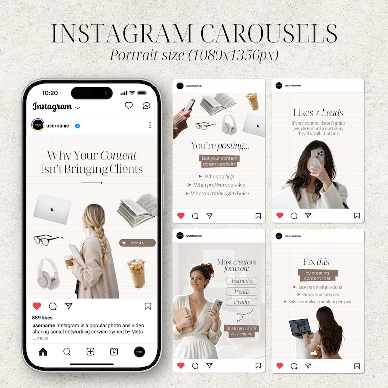 Elegant Instagram Carousel Templates Beige Neutral Aesthetic Canva Templates for Coaches Creators Personal Brands Editable Portrait IG Posts