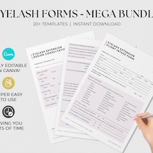 Può includere: Un gruppo di moduli bianchi per extension ciglia con il testo "EYELASH FORMS - MEGA BUNDLE" e "20+ TEMPLATES | INSTANT DOWNLOAD". I moduli includono sezioni per le informazioni sui clienti e l'anamnesi. L'immagine include anche icone Canva e risparmio di tempo.