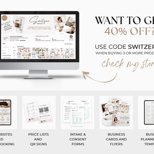 May include: A computer screen displaying a website with a 40% off discount code for buying 3 or more products. The website offers digital templates for Wix websites, price lists, intake and consent forms, business cards and flyers, and business planners. The text on the screen reads "Want to get 40% off? Use code Switzer40 when buying 3 or more products. Check my store."