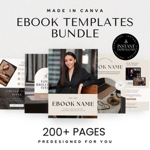 May include: A collection of ebook templates for Canva. The templates feature a black and white color scheme with a modern design. The text on the templates reads "Ebook Templates Bundle", "Limited Time Offer", "The You Brilliant Title", "2022-2027 Ebook Name", "Business Name OK Name", and "Our Promo Goes Here".