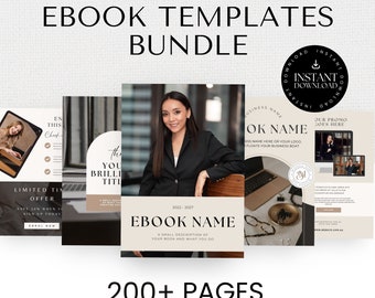 Puede incluir: Una colección de plantillas de libros electrónicos para Canva. Las plantillas presentan un esquema de color blanco y negro con un diseño moderno. El texto en las plantillas dice "Ebook Templates Bundle", "Limited Time Offer", "The You Brilliant Title", "2022-2027 Ebook Name", "Business Name OK Name" y "Our Promo Goes Here".