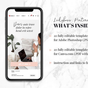 K&ouml;nnte beinhalten: Ein Telefonbildschirm, auf dem eine Website mit einem rosa-wei&szlig;en Blumendesign, einer Frau, die auf einem Sofa sitzt, und dem Text "Ladyboss Pinterest WHAT'S INSIDE: 20 vollst&auml;ndig bearbeitbare Vorlagen f&uuml;r Adobe Photoshop (.PSD) 20 vollst&auml;ndig bearbeitbare Vorlagen f&uuml;r Canva.com (.PDF mit Links) Anleitung und Links zu kostenlosen Schriftarten" angezeigt wird. Die Website hat auch einen Button mit der Aufschrift "get it now >>".