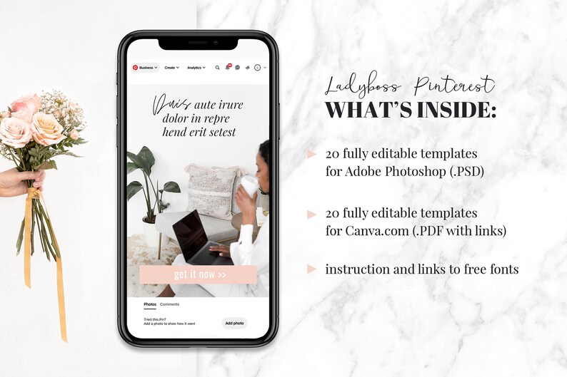 K&ouml;nnte beinhalten: Ein Telefonbildschirm, auf dem eine Website mit einem rosa-wei&szlig;en Blumendesign, einer Frau, die auf einem Sofa sitzt, und dem Text "Ladyboss Pinterest WHAT'S INSIDE: 20 vollst&auml;ndig bearbeitbare Vorlagen f&uuml;r Adobe Photoshop (.PSD) 20 vollst&auml;ndig bearbeitbare Vorlagen f&uuml;r Canva.com (.PDF mit Links) Anleitung und Links zu kostenlosen Schriftarten" angezeigt wird. Die Website hat auch einen Button mit der Aufschrift "get it now >>".