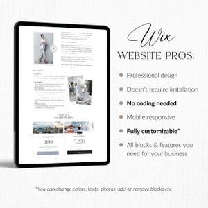 May include: A digital tablet shows a website design with the Wix logo and the text "WEBSITE PROS." The screen highlights features like professional design, no coding needed, and mobile responsiveness. The tablet also shows coaching program pricing.