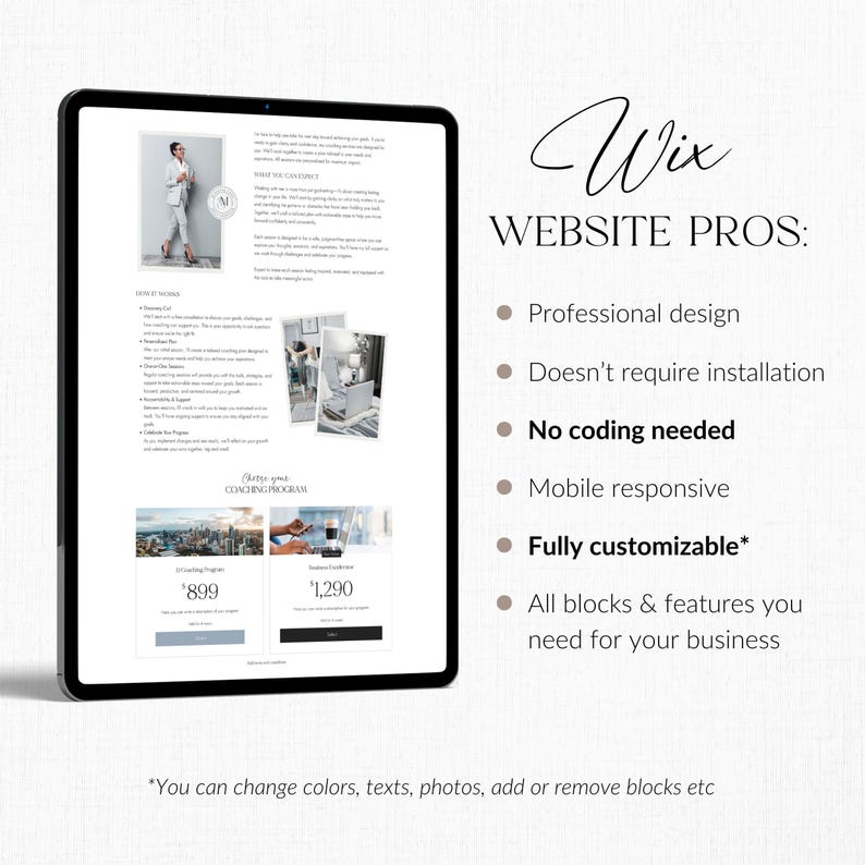 May include: A digital tablet shows a website design with the Wix logo and the text "WEBSITE PROS." The screen highlights features like professional design, no coding needed, and mobile responsiveness. The tablet also shows coaching program pricing.