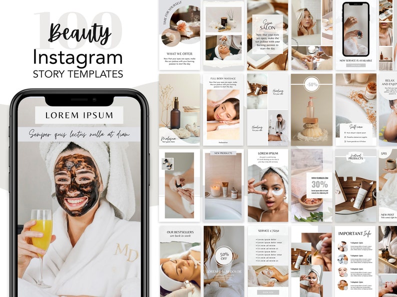 Puede incluir: Una colecci&oacute;n de 100 plantillas de historias de Instagram para empresas de belleza. Las plantillas presentan una variedad de dise&ntilde;os, que incluyen im&aacute;genes de personas que reciben tratamientos de spa, productos y superposiciones de texto. Las plantillas est&aacute;n dise&ntilde;adas para ayudar a las empresas a promocionar sus servicios y productos en las redes sociales.