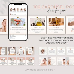 May include: A set of 100 pre-designed carousel posts for social media, featuring a variety of images and text about facial oils. The text includes the words "Best Facial Oils" and "100 Carousel Posts Done For You".