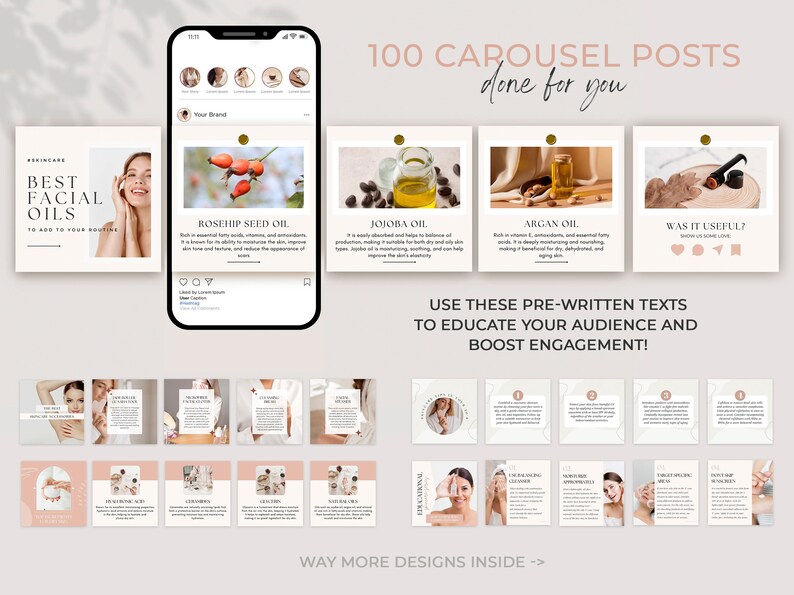 May include: A set of 100 pre-designed carousel posts for social media, featuring a variety of images and text about facial oils. The text includes the words "Best Facial Oils" and "100 Carousel Posts Done For You".